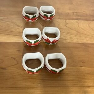 Mount Clemens Pottery Vintage "Ribbon & Holly" Porcelain Napkin Rings Set‎ Of 6